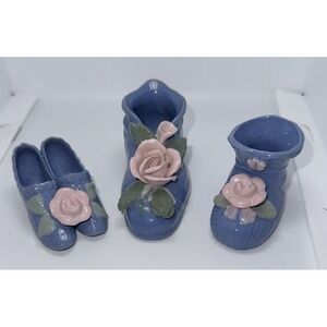 Vintage 3 piece Ceramic Shoe Figurines Blue Pink Roses Occupied Japan Floral